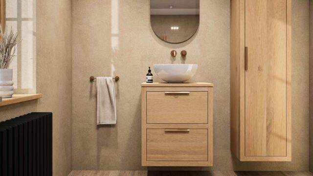 Modern naturel eiken badkamermeubel 60 cm met dubbele lade, vlak front en massief eiken blad met witte waskom