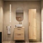 Modern naturel eiken badkamermeubel 60 cm met dubbele lade, vlak front en massief eiken blad met witte waskom