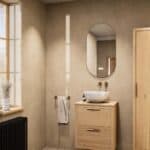 Modern naturel eiken badkamermeubel 60 cm met dubbele lade, vlak front en massief eiken blad met witte waskom