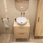 Modern naturel eiken badkamermeubel 60 cm met dubbele lade, vlak front en massief eiken blad met witte waskom