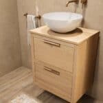 Modern naturel eiken badkamermeubel 60 cm met dubbele lade, vlak front en massief eiken blad met witte waskom
