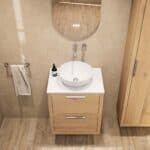 Hangend naturel eiken wastafelmeubel 60 cm met twee lades, vlak front en solid surface waskom