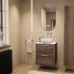 Hangend donker eiken wastafelmeubel 60 cm met dubbele lade en solid surface blad met waskom