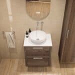 Hangend donker eiken wastafelmeubel 60 cm met dubbele lade en solid surface blad met waskom