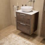 Hangend donker eiken wastafelmeubel 60 cm met dubbele lade en solid surface blad met waskom