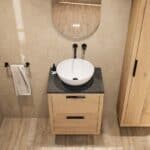 Hangend naturel eiken badkamermeubel 60 cm met dubbele lade en granieten blad met witte waskom