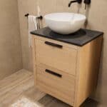 Hangend naturel eiken badkamermeubel 60 cm met dubbele lade en granieten blad met witte waskom