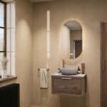 Hangend donker eiken badkamermeubel 70 cm met één lade en grijs limestone blad