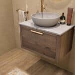 Hangend donker eiken badkamermeubel 70 cm met één lade en grijs limestone blad