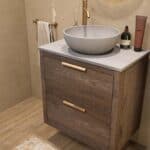 Hangend donker eiken badkamermeubel 70 cm met twee lades en grijs limestone blad