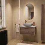Hangend donker eiken badkamermeubel 80 cm met één lade en grijs limestone blad