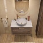 Hangend donker eiken badkamermeubel 80 cm met één lade en grijs limestone blad