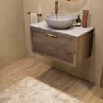 Hangend donker eiken badkamermeubel 80 cm met één lade en grijs limestone blad