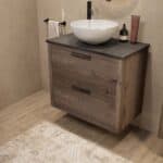 Hangend donker eiken badkamermeubel 80 cm met twee lades en granieten blad