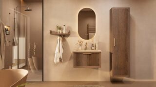 Het Riva badkamermeubel 70 in donker eiken ademt luxe en rust. Massief eiken met groevenfront, hoogwaardige softclose lades en een mat beige Mineraalsteen wastafel. De wastafel kan met of zonder kraangaten worden geleverd.