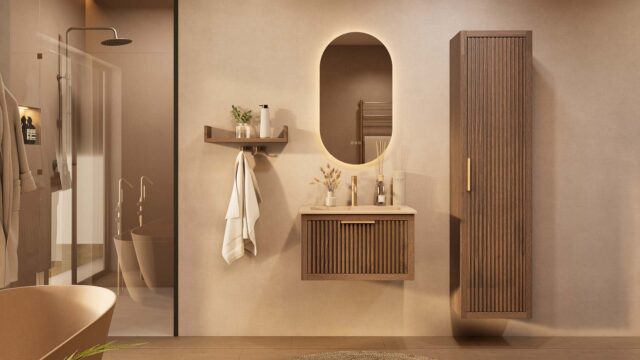 Het Riva badkamermeubel 70 in donker eiken ademt luxe en rust. Massief eiken met groevenfront, hoogwaardige softclose lades en een mat beige Mineraalsteen wastafel. De wastafel kan met of zonder kraangaten worden geleverd.
