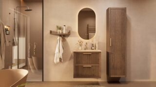 Het Riva badkamermeubel 70 in donker eiken ademt luxe en rust. Massief eiken met groevenfront, twee hoogwaardige softclose lades en een mat beige Mineraalsteen wastafel. De wastafel kan met of zonder kraangaten worden geleverd.