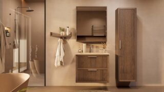 Het Riva badkamermeubel 80 in donker eiken ademt luxe en rust. Massief eiken met groevenfront, twee hoogwaardige softclose lades en een mat beige Mineraalsteen wastafel. De wastafel kan met of zonder kraangaten worden geleverd.