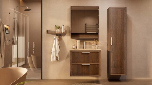 Het Riva badkamermeubel 80 in donker eiken ademt luxe en rust. Massief eiken met groevenfront, twee hoogwaardige softclose lades en een mat beige Mineraalsteen wastafel. De wastafel kan met of zonder kraangaten worden geleverd.