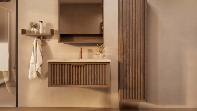 Het Riva badkamermeubel 100 in donker eiken ademt luxe en rust. Massief eiken met groevenfront, hoogwaardige softclose lades en een mat beige Mineraalsteen wastafel. De wastafel kan met of zonder kraangaten worden geleverd.