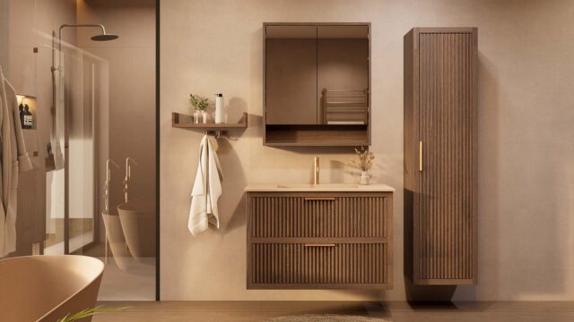 Het Riva badkamermeubel 100 in donker eiken ademt luxe en rust. Massief eiken met groevenfront, twee hoogwaardige softclose lades en een mat beige Mineraalsteen wastafel. De wastafel kan met of zonder kraangaten worden geleverd.