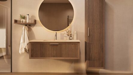 Het Riva badkamermeubel 120 in donker eiken ademt luxe en rust. Massief eiken met groevenfront, hoogwaardige softclose lades en een mat beige Mineraalsteen wastafel. De wastafel kan met of zonder kraangaten worden geleverd.