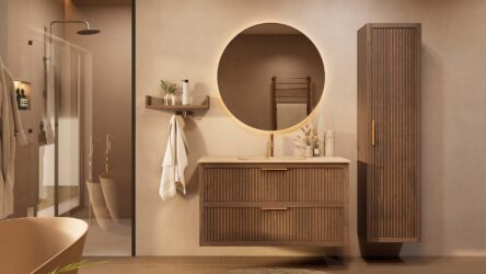 Het Riva badkamermeubel 120 in donker eiken ademt luxe en rust. Massief eiken met groevenfront, twee hoogwaardige softclose lades en een mat beige Mineraalsteen wastafel. De wastafel kan met of zonder kraangaten worden geleverd.