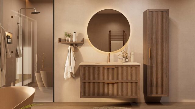 Het Riva badkamermeubel 120 in donker eiken ademt luxe en rust. Massief eiken met groevenfront, twee hoogwaardige softclose lades en een mat beige Mineraalsteen wastafel. De wastafel kan met of zonder kraangaten worden geleverd.