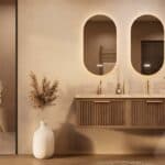 Het Riva badkamermeubel 140 in donker eiken ademt luxe en rust. Massief eiken met groevenfront, hoogwaardige softclose lades en een mat beige Mineraalsteen dubbel wastafel. De wastafel kan met of zonder kraangaten worden geleverd.