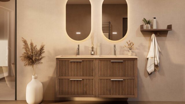 Het Riva badkamermeubel 140 in donker eiken ademt luxe en rust. Massief eiken met groevenfront, vier hoogwaardige softclose lades en een mat beige Mineraalsteen dubbele wastafel. De wastafel kan met of zonder kraangaten worden geleverd.