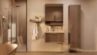 Het Riva badkamermeubel 80 in donker eiken ademt luxe en rust. Massief eiken met groevenfront, hoogwaardige softclose lades en een mat beige Mineraalsteen wastafel. De wastafel kan met of zonder kraangaten worden geleverd.