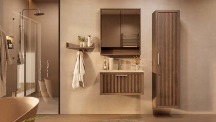 Het Riva badkamermeubel 80 in donker eiken ademt luxe en rust. Massief eiken met groevenfront, hoogwaardige softclose lades en een mat beige Mineraalsteen wastafel. De wastafel kan met of zonder kraangaten worden geleverd.