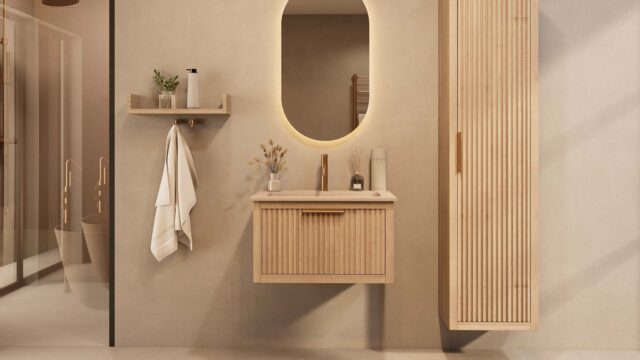 Het Riva badkamermeubel 70 in naturel eiken combineert ambachtelijk vakmanschap met moderne luxe. Gemaakt van massief eiken met ribbelfront, softclose lades en een mat beige Mineraalsteen wastafel. De wastafel kan met of zonder kraangaten worden gele
