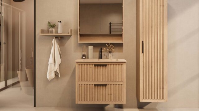 Het Riva badkamermeubel 80 in naturel eiken combineert ambachtelijk vakmanschap met moderne luxe. Gemaakt van massief eiken met ribbelfront, twee softclose lades en een mat beige Mineraalsteen wastafel. De wastafel kan met of zonder kraangaten worden
