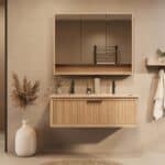Het Riva badkamermeubel 120 in naturel eiken combineert ambachtelijk vakmanschap met moderne luxe. Gemaakt van massief eiken met ribbelfront, softclose lades en een dubbele mat beige Mineraalsteen wastafel. De wastafel kan met of zonder kraangaten wo