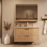 Het Riva badkamermeubel 120 in naturel eiken combineert ambachtelijk vakmanschap met moderne luxe. Gemaakt van massief eiken met ribbelfront, twee softclose lades en een mat beige dubbele Mineraalsteen wastafel. De wastafel kan met of zonder kraangat