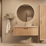 Het Riva badkamermeubel 120 in naturel eiken combineert ambachtelijk vakmanschap met moderne luxe. Gemaakt van massief eiken met ribbelfront, softclose lades en een mat beige Mineraalsteen wastafel. De wastafel kan met of zonder kraangaten worden gel