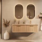 Het Riva badkamermeubel 140 in naturel eiken combineert ambachtelijk vakmanschap met moderne luxe. Gemaakt van massief eiken met ribbelfront, softclose lades en een dubbele mat beige Mineraalsteen wastafel. De wastafel kan met of zonder kraangaten wo