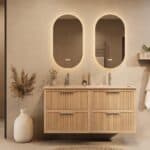 Het Riva badkamermeubel 140 in naturel eiken combineert ambachtelijk vakmanschap met moderne luxe. Gemaakt van massief eiken met ribbelfront, vier softclose lades en een mat beige dubbele Mineraalsteen wastafel. De wastafel kan met of zonder kraangat