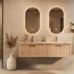 Het Riva badkamermeubel 160 in naturel eiken combineert ambachtelijk vakmanschap met moderne luxe. Gemaakt van massief eiken met ribbelfront, softclose lades en een dubbele mat beige Mineraalsteen wastafel. De wastafel kan met of zonder kraangaten wo