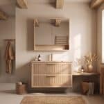 Het Riva badkamermeubel 100 in naturel eiken combineert ambachtelijk vakmanschap met moderne luxe. Gemaakt van massief eiken met ribbelfront, twee softclose lades en een mat beige Mineraalsteen wastafel. De wastafel kan met of zonder kraangaten worde