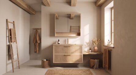 Het Riva badkamermeubel 100 in naturel eiken combineert ambachtelijk vakmanschap met moderne luxe. Gemaakt van massief eiken met ribbelfront, twee softclose lades en een mat beige Mineraalsteen wastafel. De wastafel kan met of zonder kraangaten worde