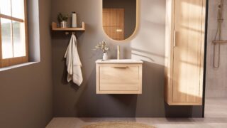 Modern naturel eiken badkamermeubel 60 cm met één lade en mat witte mineraalstenen wastafel