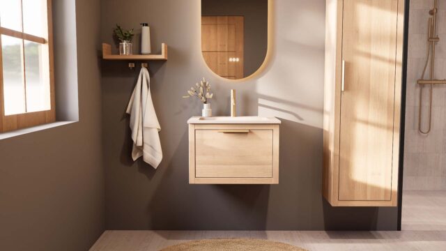 Modern naturel eiken badkamermeubel 60 cm met één lade en mat witte mineraalstenen wastafel