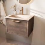 Modern donker eiken badkamermeubel 60 cm met één lade en mat witte mineraalstenen wastafel