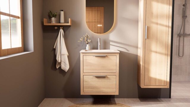 Modern naturel eiken badkamermeubel 60 cm met twee lades en mat witte mineraalstenen wastafel