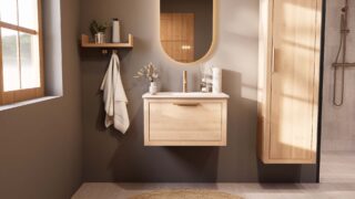 Modern naturel eiken badkamermeubel 70 cm met één lade en mat witte mineraalstenen wastafel