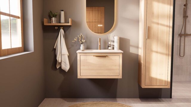 Modern naturel eiken badkamermeubel 70 cm met één lade en mat witte mineraalstenen wastafel