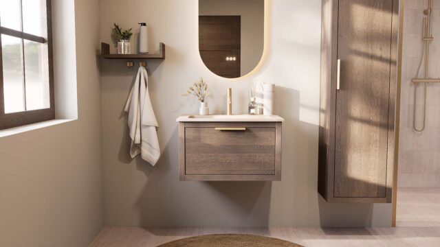 Modern donker eiken badkamermeubel 70 cm met één lade en mat witte mineraalstenen wastafel