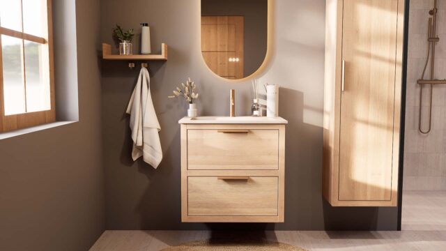 Modern naturel eiken badkamermeubel 70 cm met twee lades en mat witte mineraalstenen wastafel